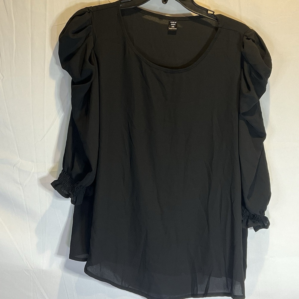 Shein Curve Woman's Shirt 1XL Black Sheer Short‎ Sleeve Top Blouse Puffy Sleeve
